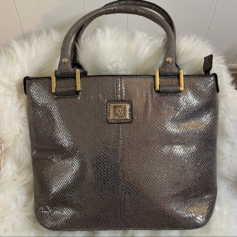 Dark gray metallic silver shimmer Anne Klein handbag faux leather